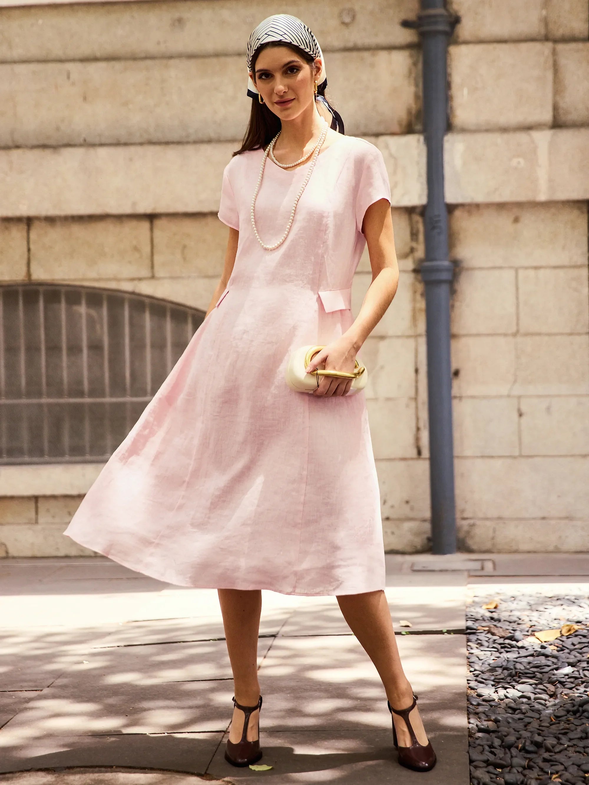 100% Linen Natural Summer V-Neck Dress ALEXA